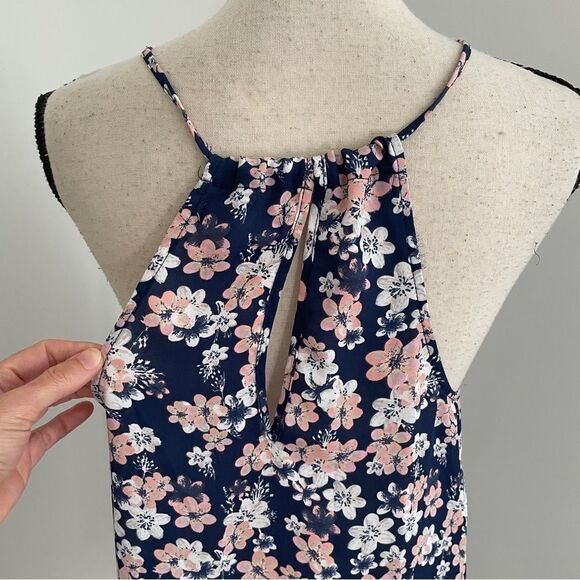 Cotton On Floral Sleeveless Ruched Racerback Blouse Large Navy Pink Cottagecore - Picture 7 of 11